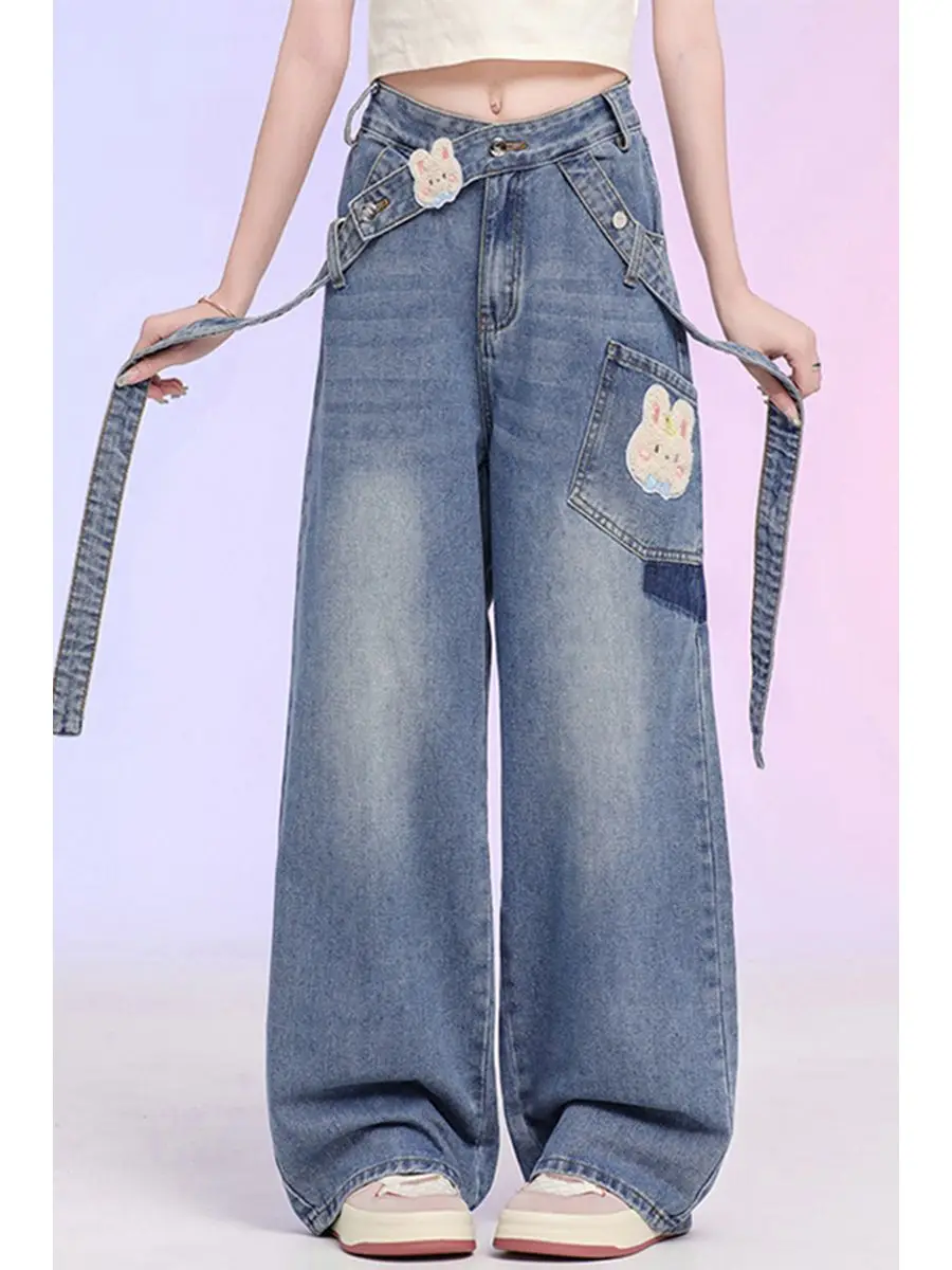 Jeans de fita americana para mulheres, nicho bonito de urso, cintura alta, solto e reto, casual e de perna larga, até o chão, calças jeans para meninas