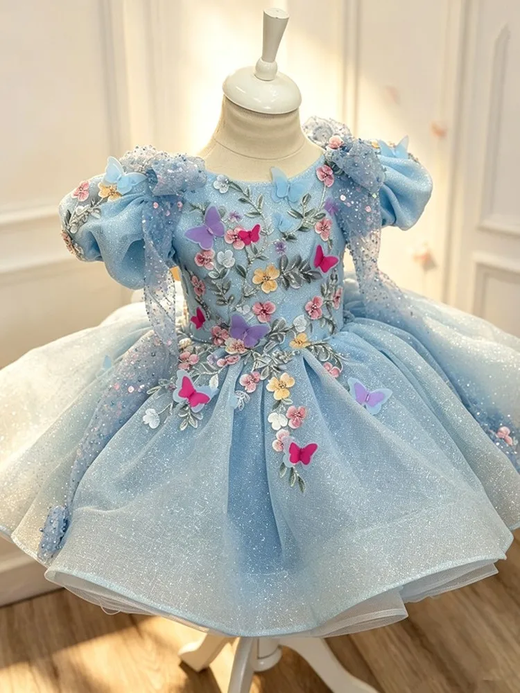 Blaues Prinzessinnenkleid für Mädchen mit 3D-Schmetterlings- und Blumenapplikationen, Puffärmeln, Tüllrock, Kindergeburtstag, Hochzeit, Party, Festzug, Kostüm A5127 – Detail 4