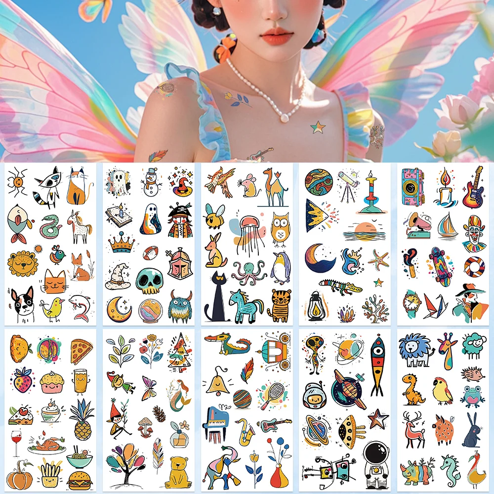 

10sheets Cartoon Cute Graffiti Elements Tattoo Stickers For Hand Face Body Temporary Waterproof Tattoo Stickers Creative Gifts