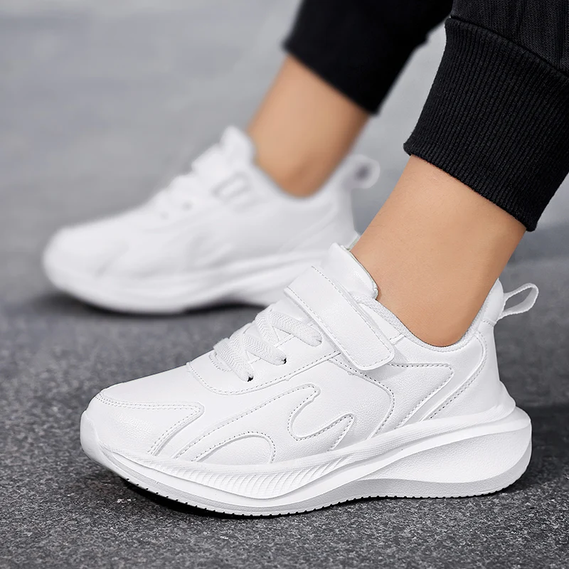 Kids White Leather Sneakers Boys Girls Waterproof School Sports Shoes Hook&Loop Lightweight Non‑slip Running Walking Casual Chil