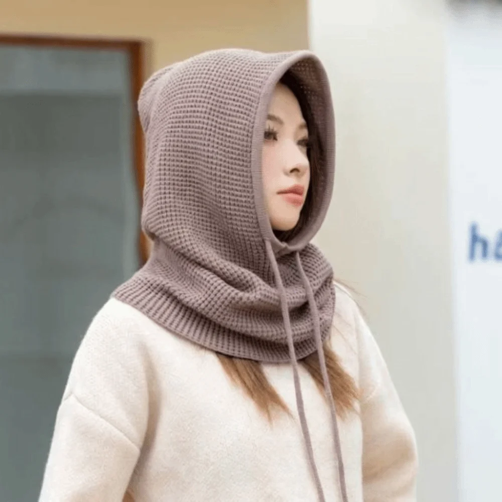 Fashion Solid Color Drawstring Balaclavas Hat Warm Soft Drawstring Knitted Hat Earmuff Windproof Winter Neckerchief Ski