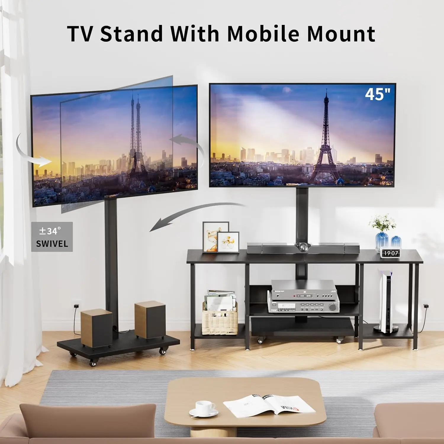 TV Stand with Mount for 32-65 Inch TVs, Swivel Rolling TV Stand Mount with Wheels and Power Outlet, Entertainment Center with St