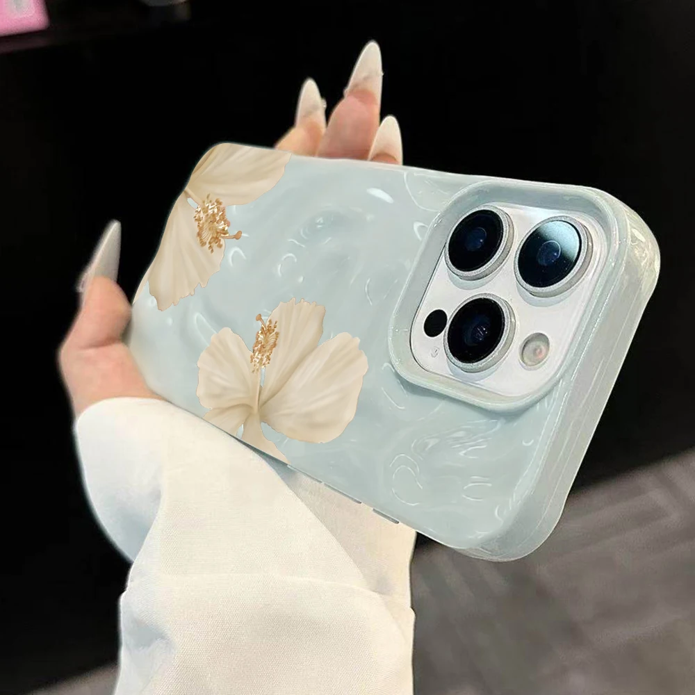 Koreanische Frühlings-Hibiskus-Druck-Handyhülle für iPhone 17 16 15 14 13 12 11 Pro Max 14 Plus 17Air Falten-Wellen-Soft-Silikon-Cover – Detail 1