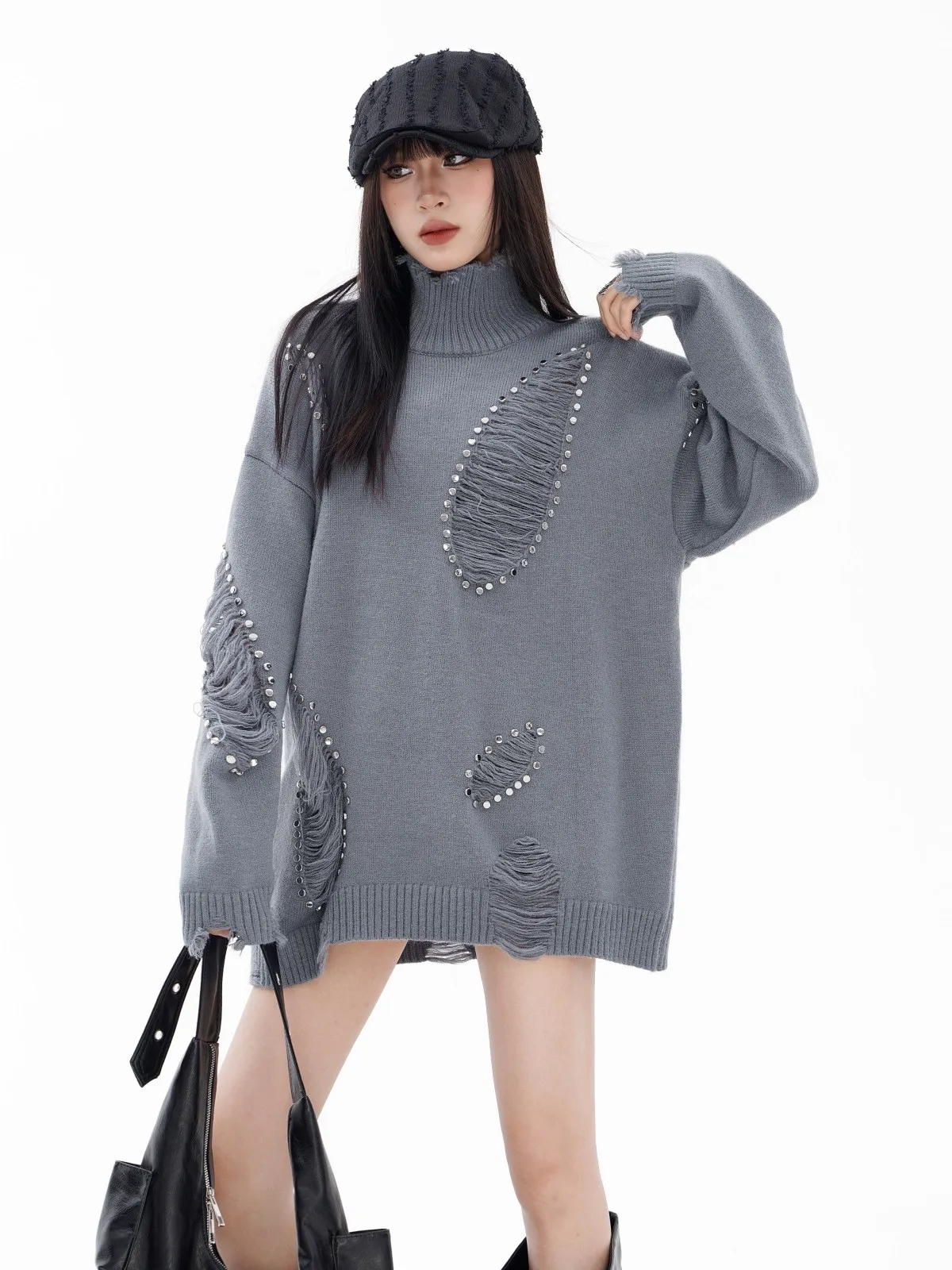 Aesthetic Academia Turtleneck Long Sleeve Goth Sweaters for Women Men Frayed Torn Holes Y2k Streetwear  Winter Clothes Pullover