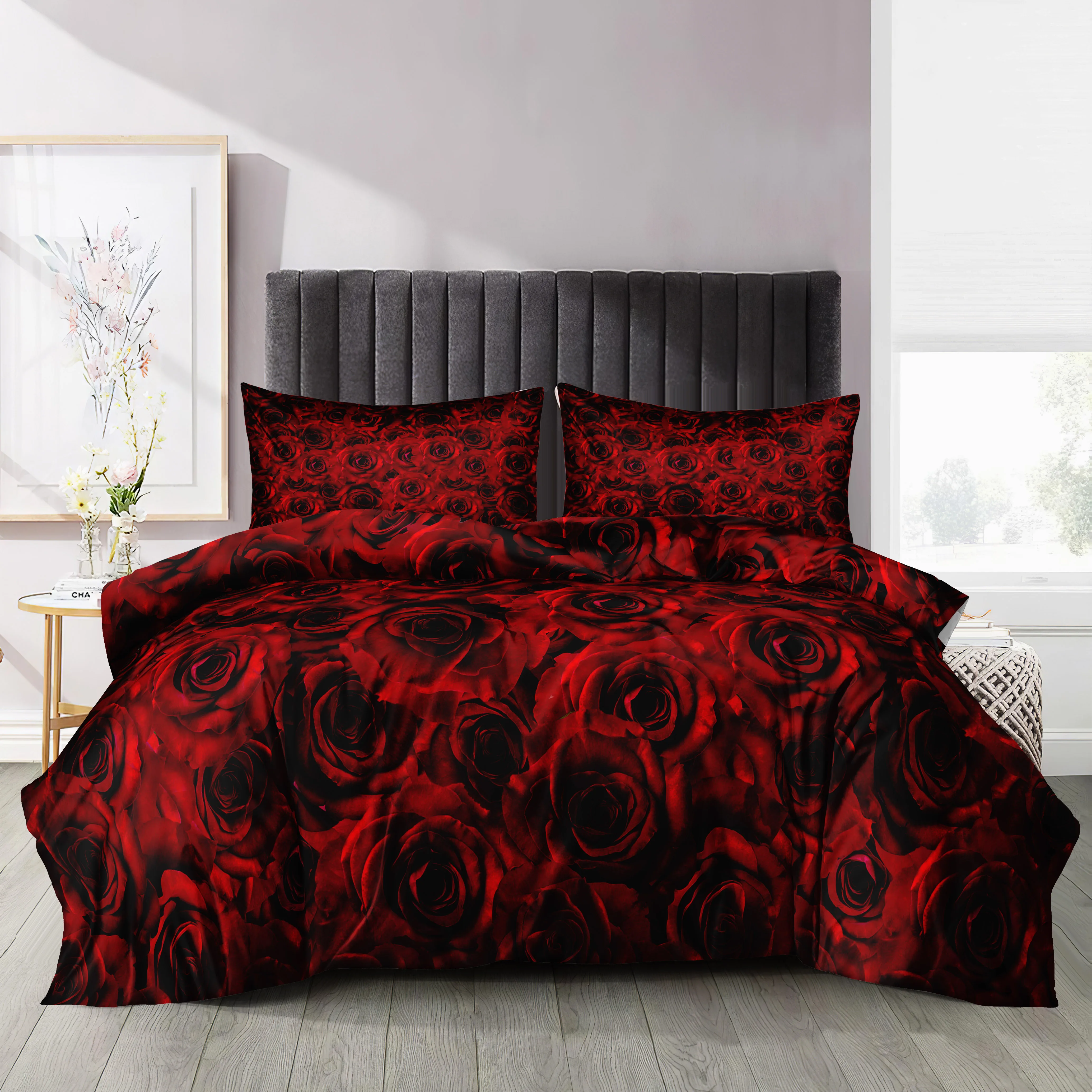 Wine Red Rose Flowers Bedding Sets Couple Rose Duvet Cover Set Luxury Home Textiles Floral Bed Linen for Dropshipping