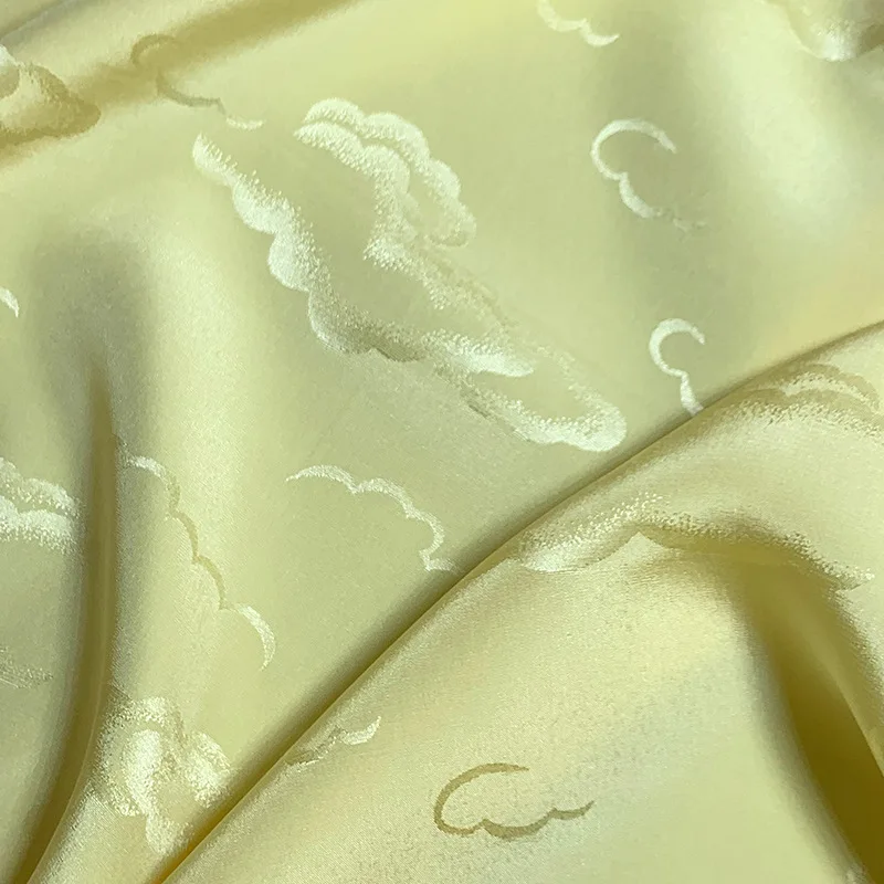 140CM Wide Cloud Jacquard White Green Mulberry Silk Fabric, Champage Color Glossy Satin Fabric For Dress Hanfu Cheongsam F134