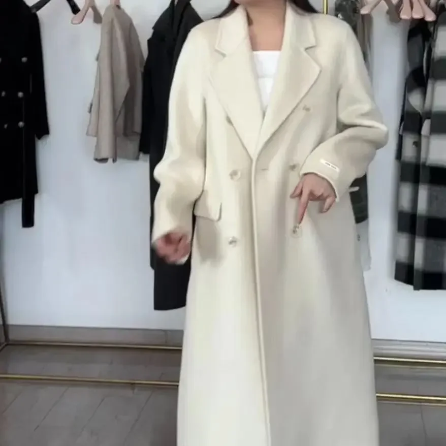 Open thread arch needle craft long hair series 2023 temperament lapel loose and thin double-sided wool coat coat female winter