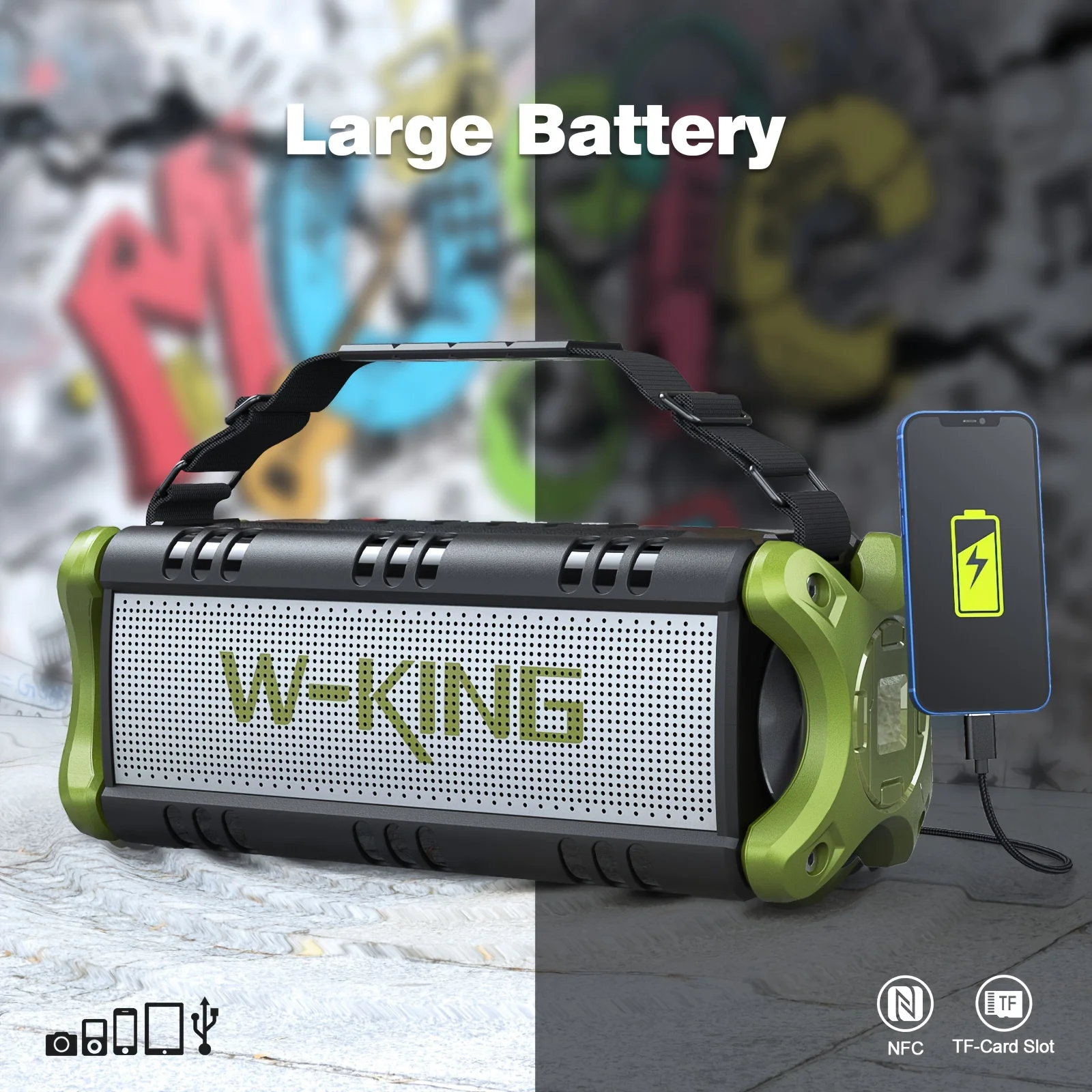 W-KING 50W RMS Bluetooth-luidspreker, draagbare luidsprekers Bluetooth draadloos luid, IPX6 waterdichte grote buitenluidspreker