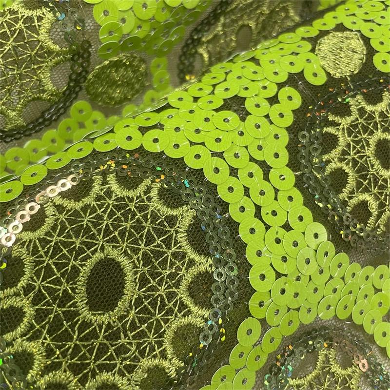 African Nigerian Sequins Tulle Lace Fabric,Sewing Net Cloth, Prom Dresses,Green Embroidery, High Quality, 2024,5 Yards