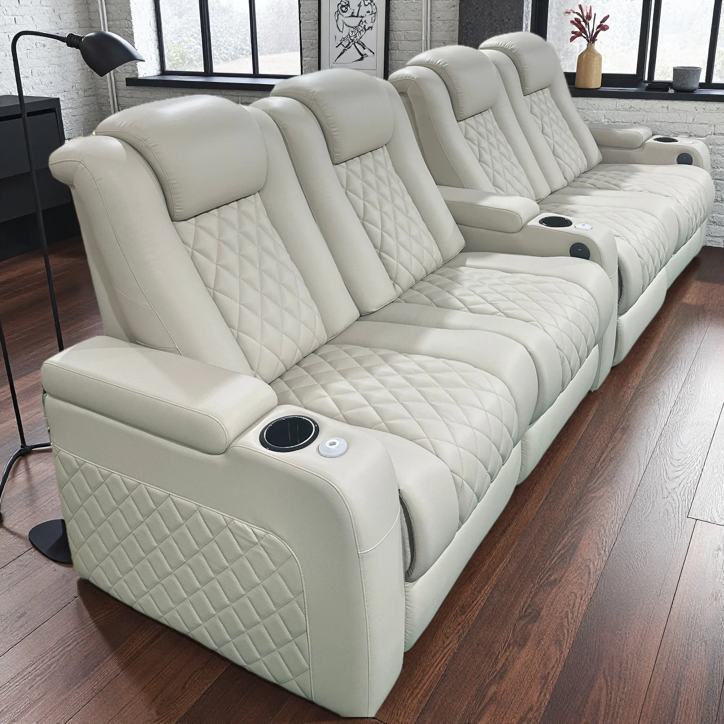 Sofás reclináveis modernos de couro creme para home theater com porta USB para sala de estar, escola e academia, móveis para cadeira de cinema