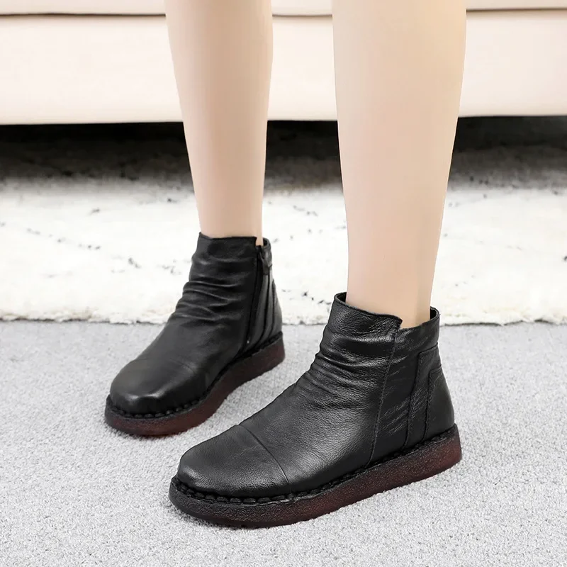 2024 Women Boots Winter Cow Leather Handmade ankle boots Flat Shoes Solid Genuine Leather Snow Boots for Women