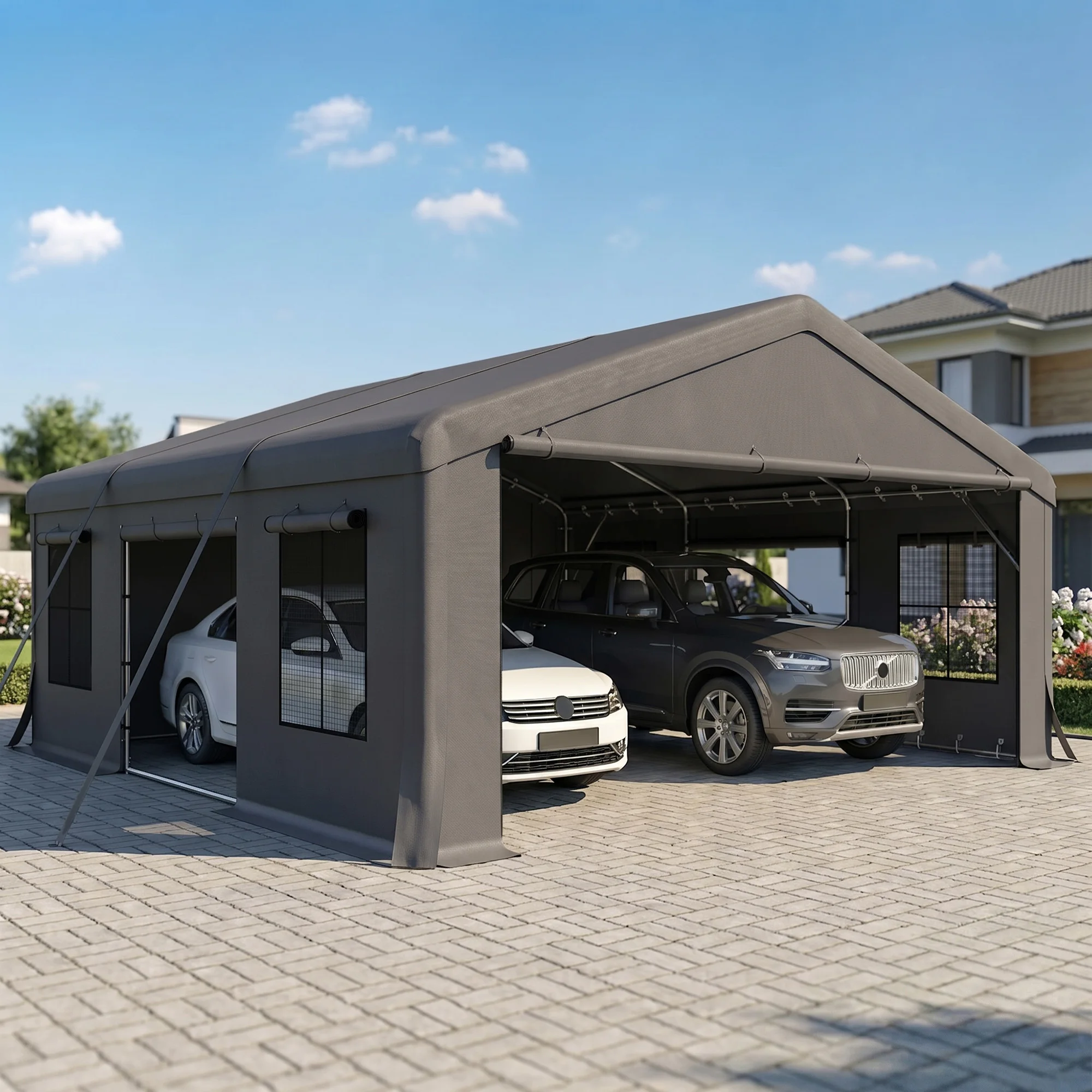 20' x 20' Heavy Duty Carport, Portable Garage with Doors, Windows, Dark Gray