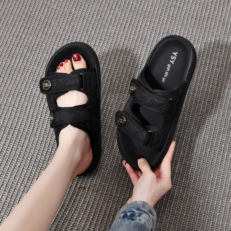 Platformowe buty damskie czarne letnie 2024 obuwie sandały dla kobiet Outdoor Chic i eleganckie codzienne buty wygodne Vip Korea