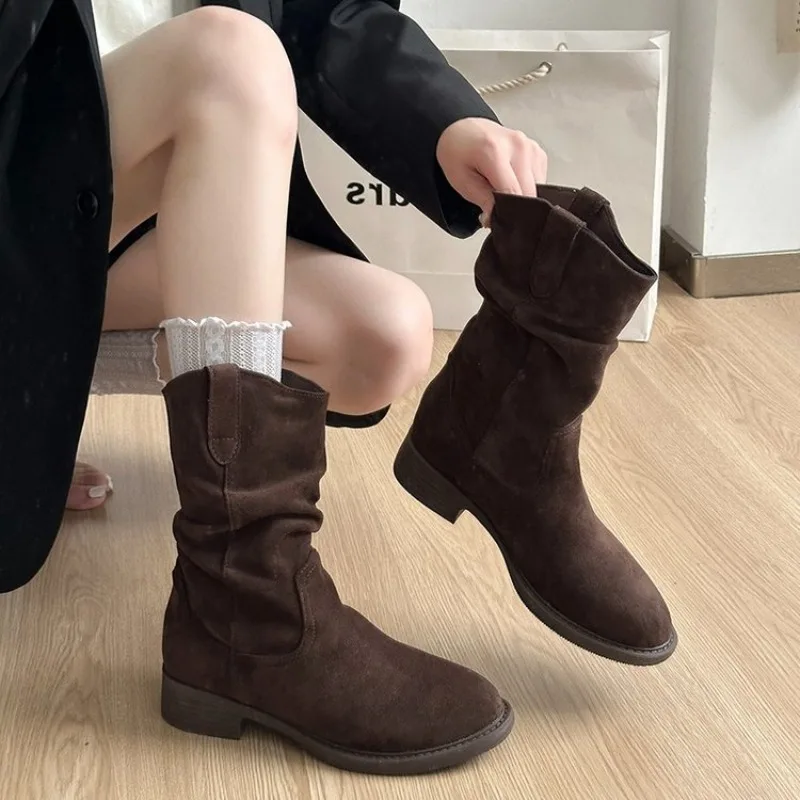 Women Slouchy Mid Calf Boots Suede Round Toe Low Block Heel Vintage Western Cowboy Boots Fall Winter Casual Shoes