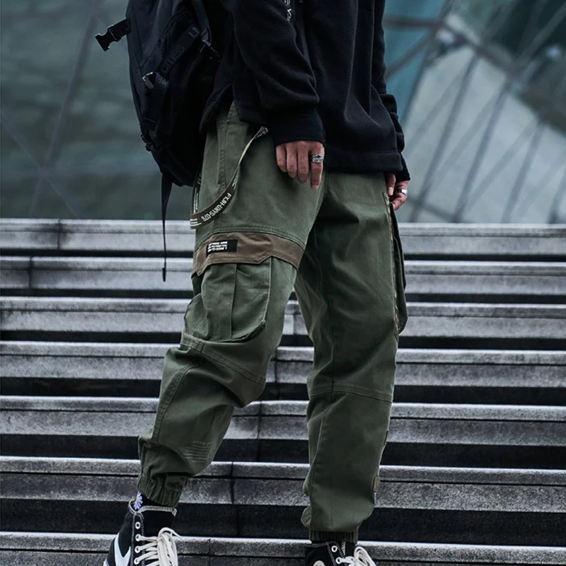 Winter Men's Thick Webbing Tape Label Patch Cargo Jogger Pants Multi Pocket Elastic Cuff Drawstring Waist Streetwear Trousers