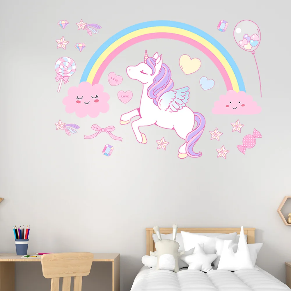 1Set INS Luminous Unicorn Rainbow Wall Stickers Art Home Decorations Wall Decals For Party Wedding Kids Room Decor Accessories