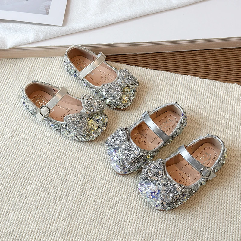 New Children's Dress Flat Shoes Sequins Bow Decor Wedding Party Shoes for Girls Fashion Trend Kids Causal Princess Leather Shoes
