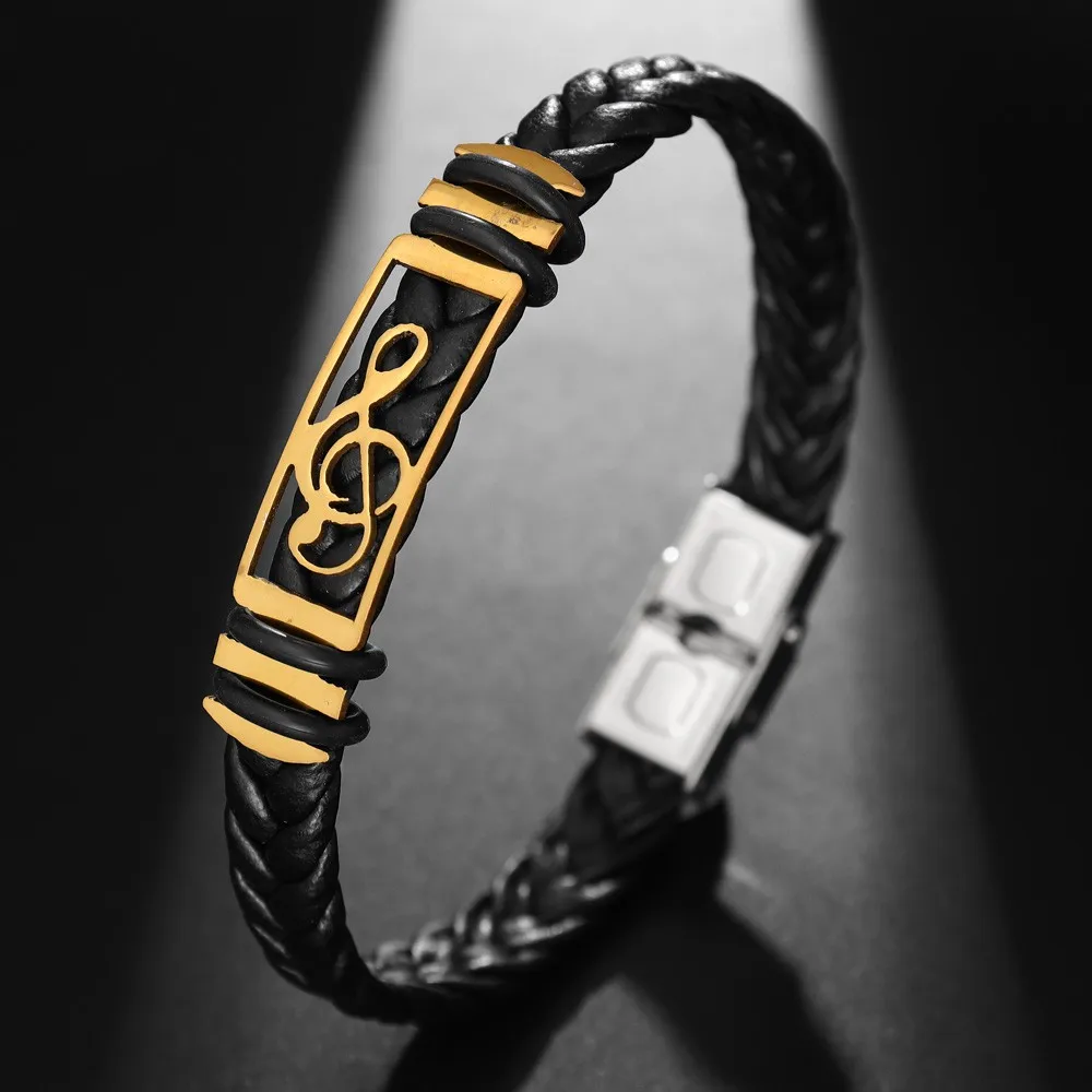 New Vintage Metal Music Symbols Braided Leather Rope Bracelet Fashion Men's Premium Leather Bracelet Gift Wholesale