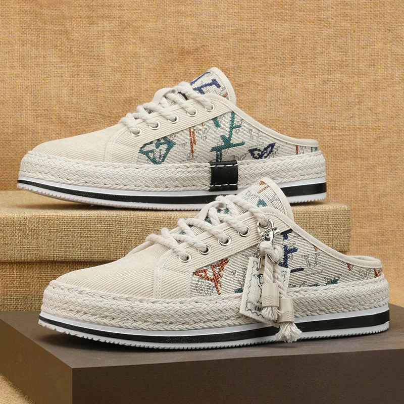 

Fashion Canvas Slippers for Men Original Designer Luxury High Quality Mens Loafers Comfort Baotou Half Sandals Zapatos De Hombre