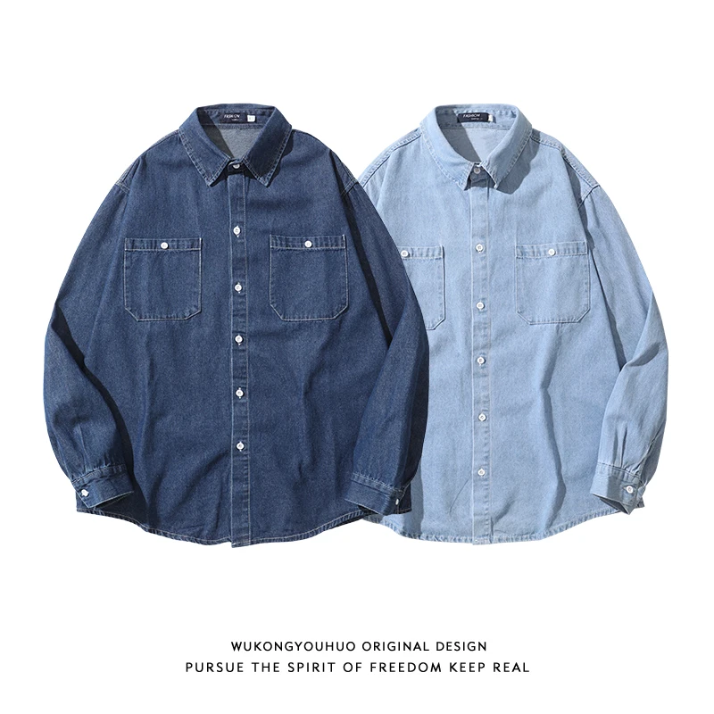 

Японская джинсовая рубашка в стиле ретро, Мужская Весенняя свободная Модная брендовая рубашка с длинным рукавом, джинсовая рубашка для мужчин с нишевым дизайном