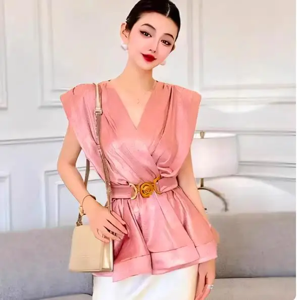 

short sleeve Ladies Elegant Top Slim Waist Flowy Peplum Work Casual Blouse