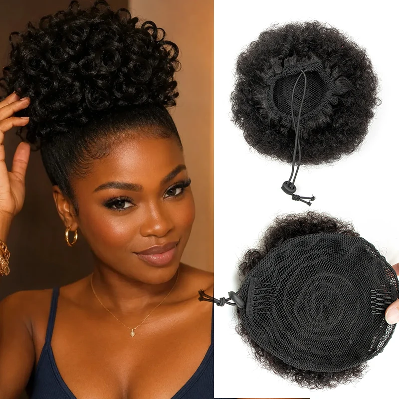 Afro Kinky Curly Human Hair Chignon Ponytail Curly Drawstring High Bun HairPiece Clip in on Updo Chignon for Black Women 4 6 8 inch