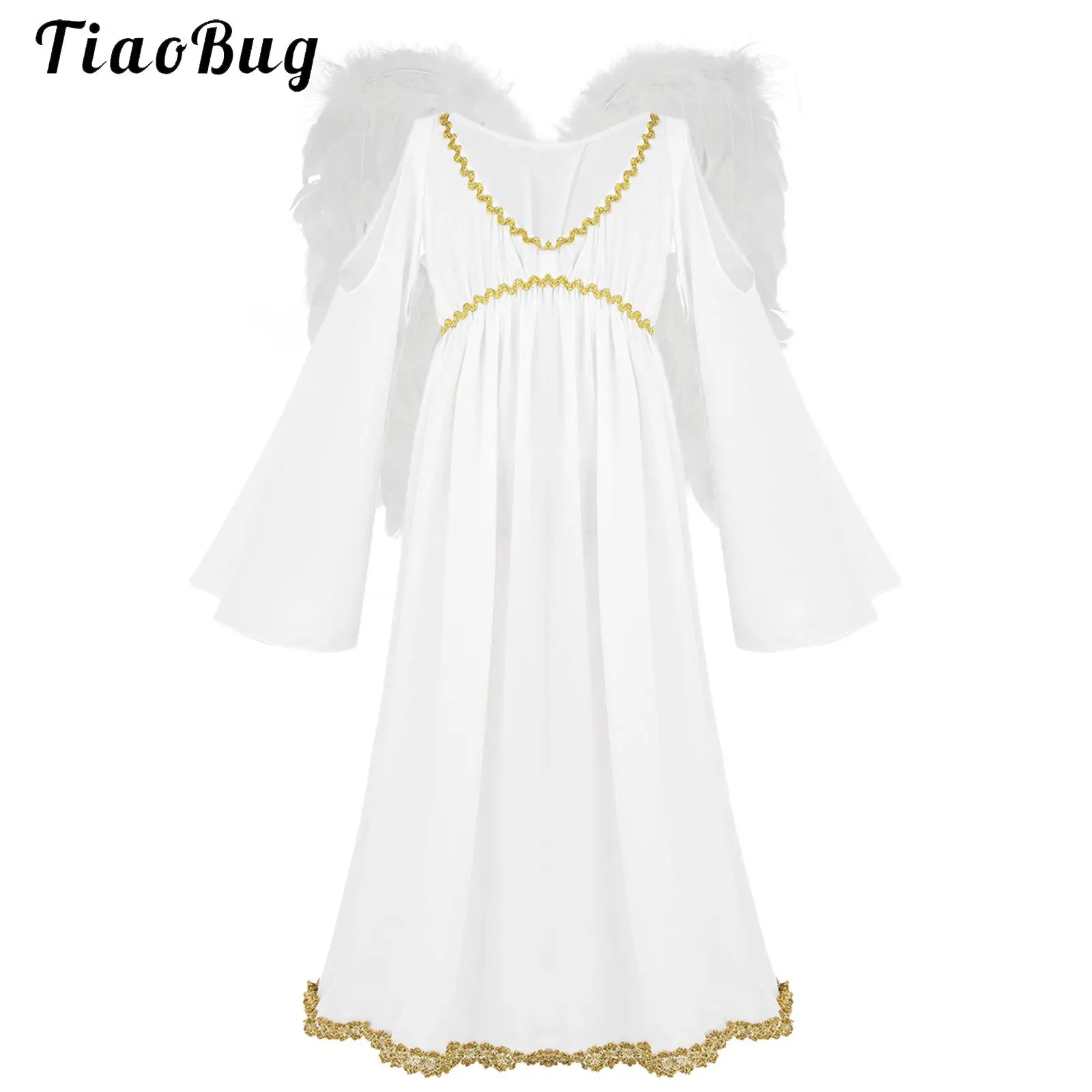 

Girls Angel Costume Cosplay Outfits White Greek Princess Dress with Feather Angel Wings for Halloween Party Carnival Performance