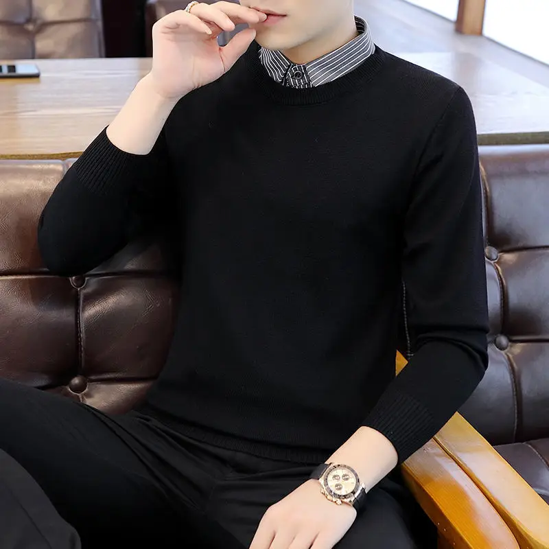 

New Men's Fashion Knit Sweater Shirt Collar Fake Two Pieces Pullover Autumn and Winter Youth Trend Tops Homme Men Clothing E440