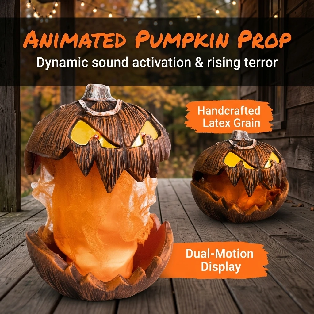 Scary Halloween Pumpkin Head Statue Lifting Sound Activated Light Up Horror Pumpkin Figurine Halloween Party Prop Festival Decor