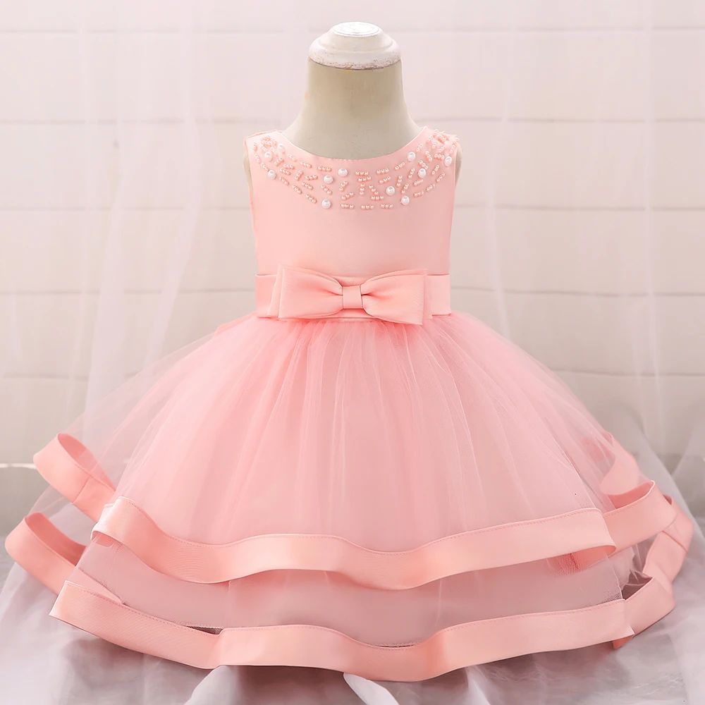 Toddler Beading Baptism Princess Dress for Baby Girls Tulle White Wedding 1st Birthday Bow Party Dresses Christening Kids Clothe