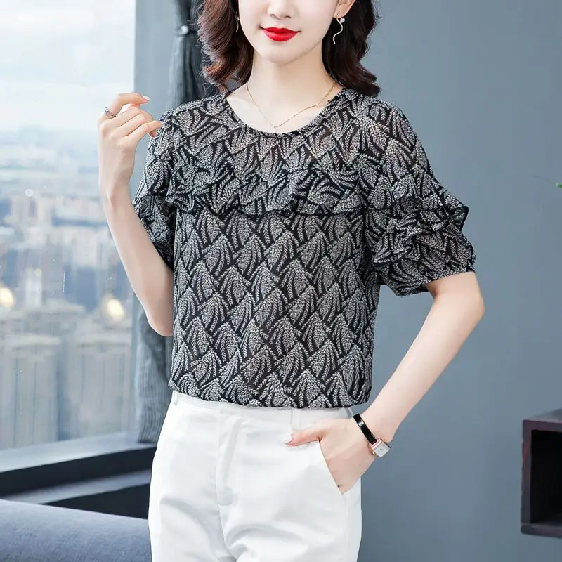 Office Lady Elegant Ruffles Patchwork Shirt Vintage Printed Summer New Short Sleeve Loose Women\'s Clothing O-Neck Chiffon Blouse