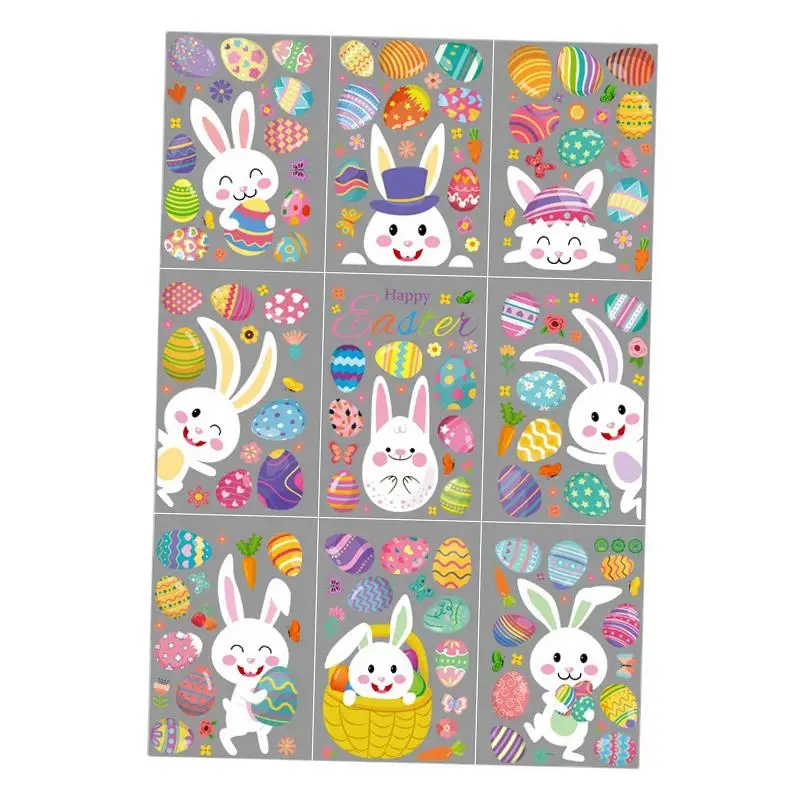 9x Easter Bunny Window Cling Flowers Colorful Decorations Static Easter Window