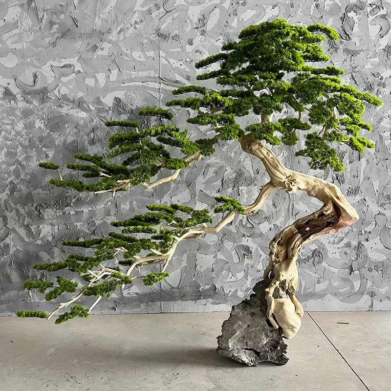 Yingke Pine Imitative Tree Large Fake Trees Chinese Indoor Landscape Window Root-Covered Stone Landscape