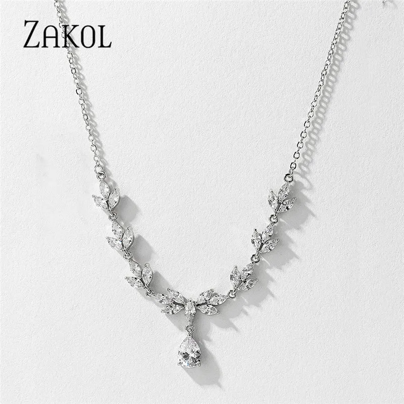 ZAKOL Luxury Exquisite Water Drop Cubic Zircon Leaf Choker Necklaces for Women Fashion Bridal Wedding Party Jewelry NP2263