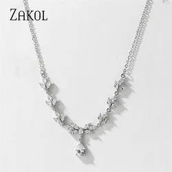 ZAKOL Luxury Exquisite Water Drop Cubic Zircon Leaf Choker Necklaces for Women Fashion Bridal Wedding Party Jewelry NP2263