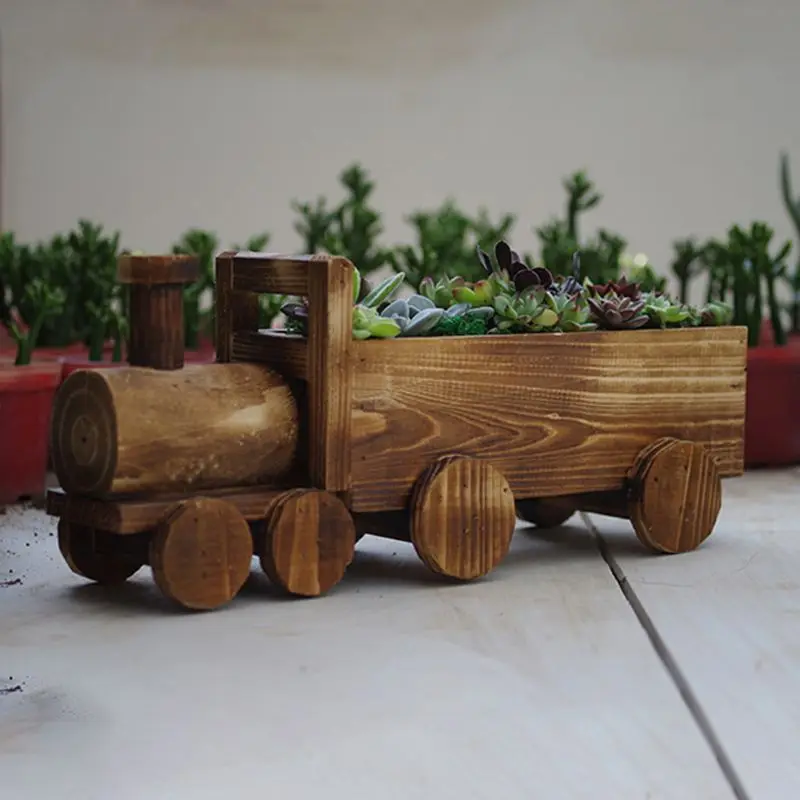 Retro Wooden Train Flower Pot Succulent Plant Potted Bonsai Planter Home Garden Decoration