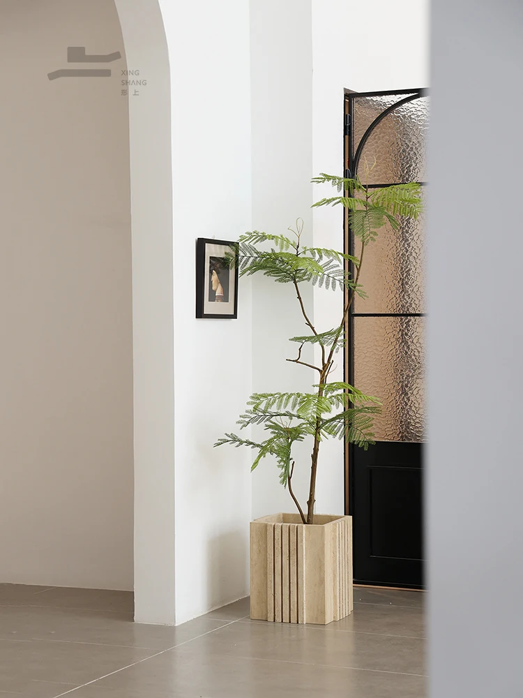 Marble travertine flower pots, French ancient style floor-to-ceiling green plants, artificial jacaranda