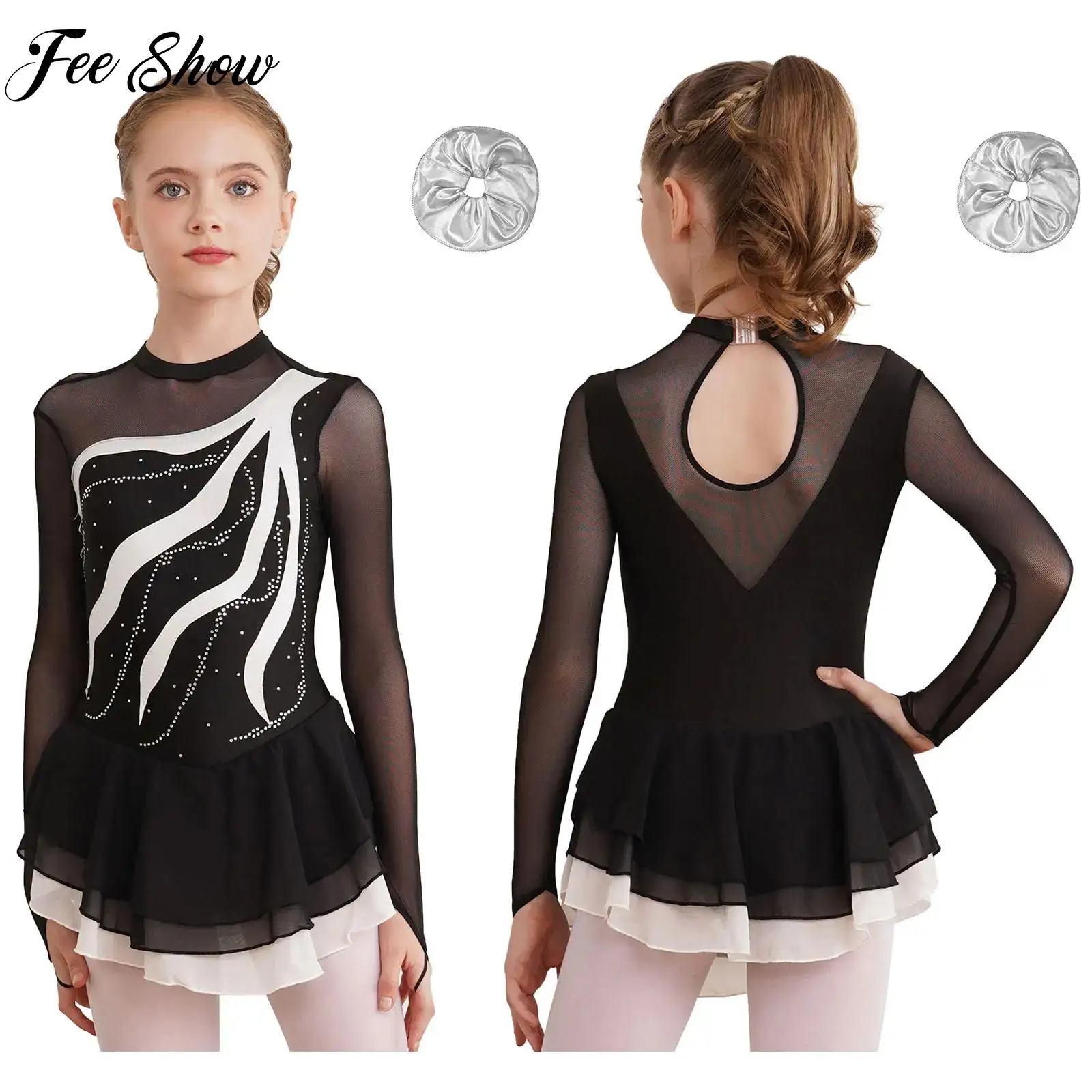 

Kids Girls Ballet Lyrical Modern Dance Costume Glittery Rhinestone Long Sleeve Tutu Dress Gymnastics Leotard with Hair Band Set