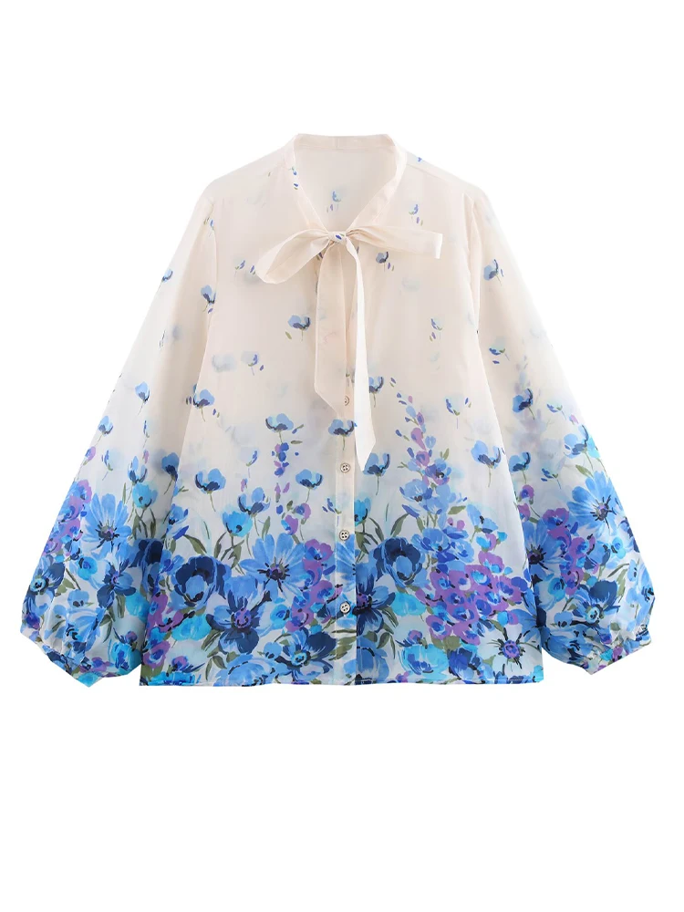 

2025 Spring Women's Clothing New European and American Style Fashion Bowknot Elegant Printed Long Sleeve Shirt