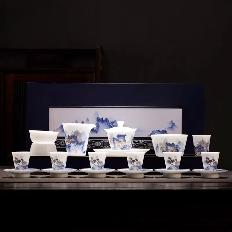 Ice suet jade porcelain tea set household light luxury high-end ceramic kung fu tea cup high-end gift box