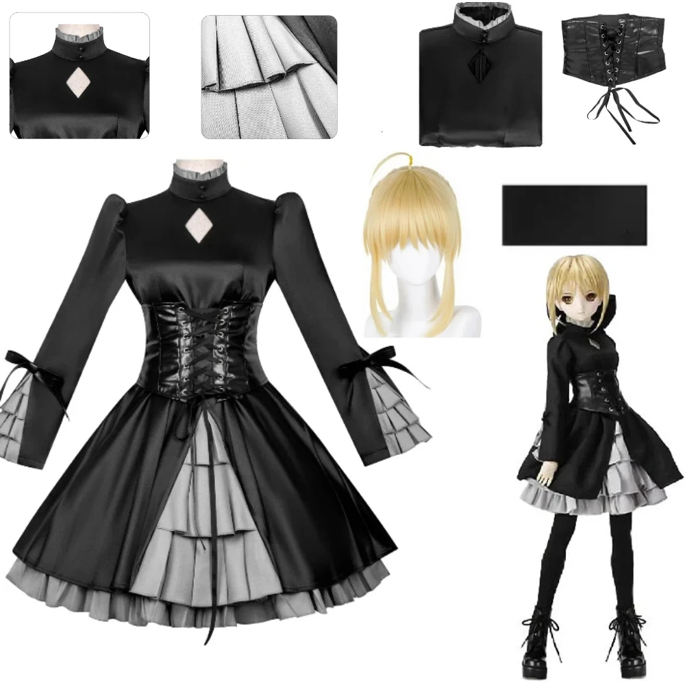 

Anime Fate Stay Night Altria Black Lolita Dress Wig Cosplay Costume Halloween Secondary Style Anime Role Play Performance Outfit