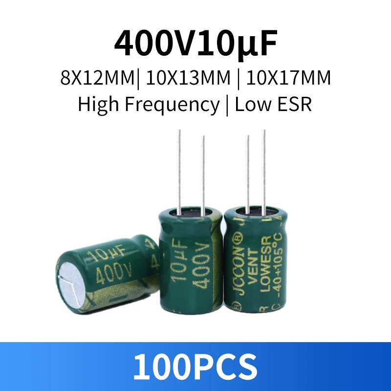 

Конденсаторы 400В 10мкФ, 100 шт., для блоков питания, высокочастотные, низкоомные, электролитические, 8x12мм, 10x13мм, 10x17мм