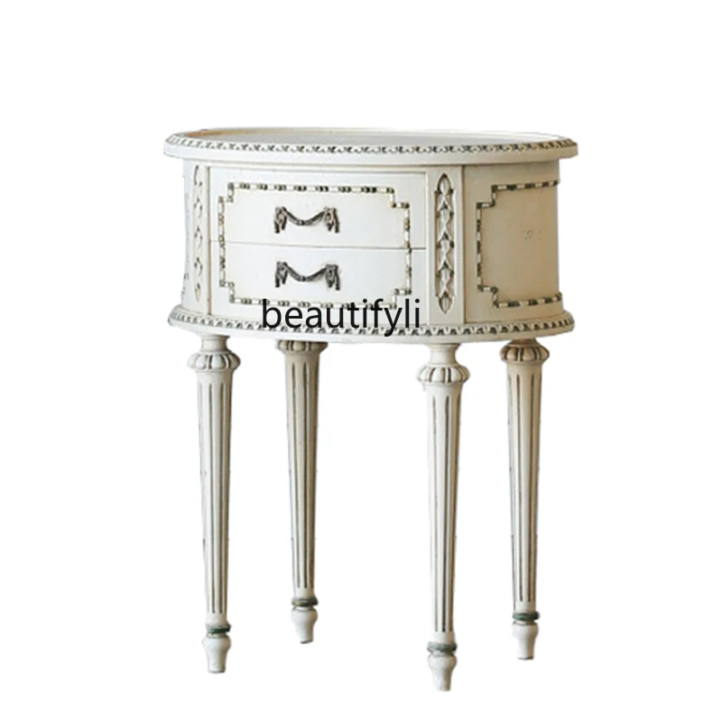 

French Solid Wood Carved White Oval Bedside Table Roman Column High-Leg Bedside Side Table Retro Distressed