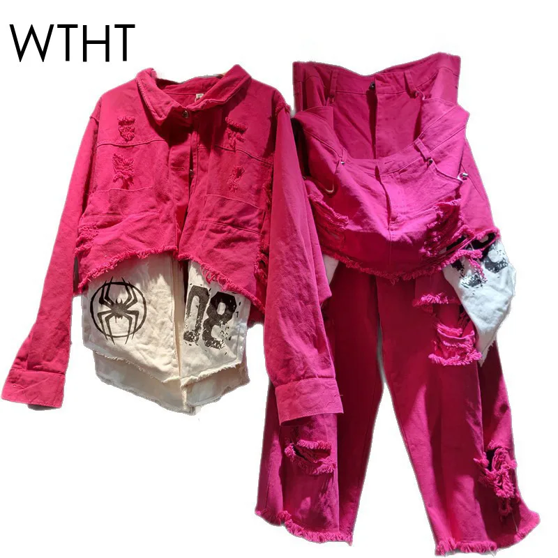 

WTHT Fashion Women's Hole Spliced Letter Print Denim Jacket High Waist Fake Two-piece Straight Jeans 2025 Summer 1LS2245
