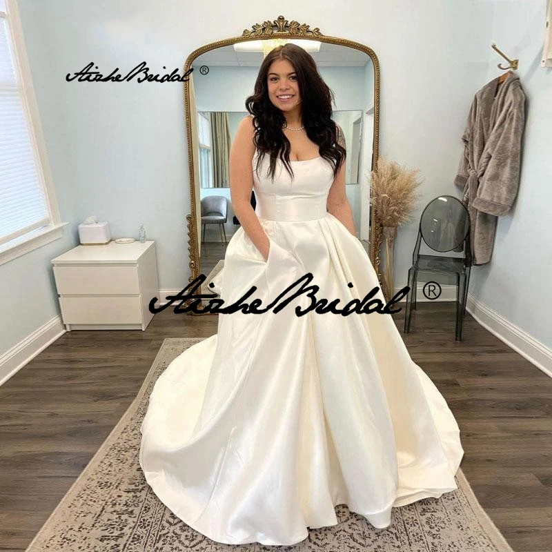 Plus Size Spaghetti-Trägern U-Ausschnitt A-Linie Brautkleider Brautkleid rückenfrei Sweep Zug Vestidos De Novia