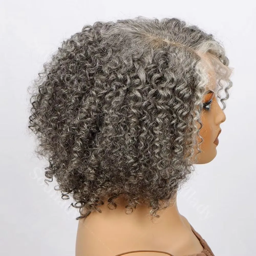Zout- en peperpruiken 100% echt haar grijze haarkant diepe golf krullende bobpruik HD transparant kant grijze pruiken 12 inch voor vrouwen