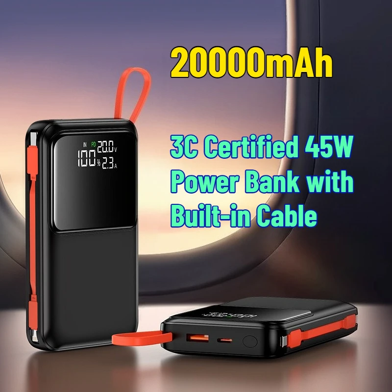 

3C Certified 45W Power Bank with Built-in Cable 20000mAh Large Capacity Flash Charging Ultra-Thin Compact and Portable