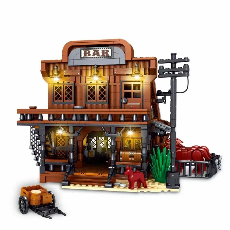 1834 قطعة كاوبوي تاون بار سلسلة الإضاءة المباني مجموعات مدينة مخزن العمارة وحدات بنة التجمع أطقم منمذجة هدية