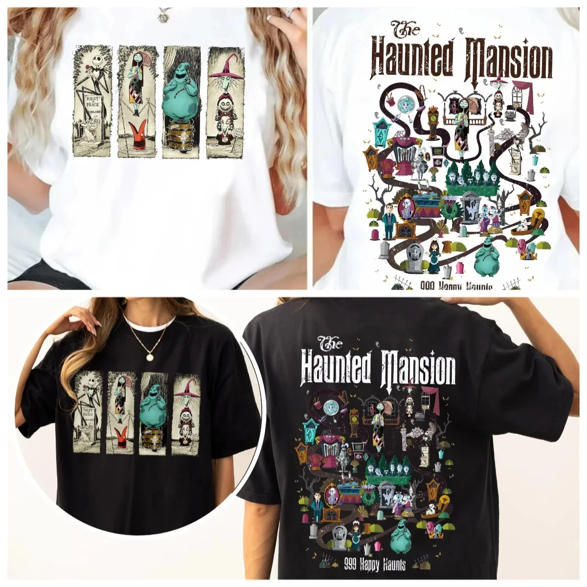 

2-сторонняя рубашка Disney в стиле ретро «Кошмар перед Рождеством» с картой особняка с привидениями, растягивающаяся рубашка для комнаты, рубашка на Хэллоуин с призраками для автостопа