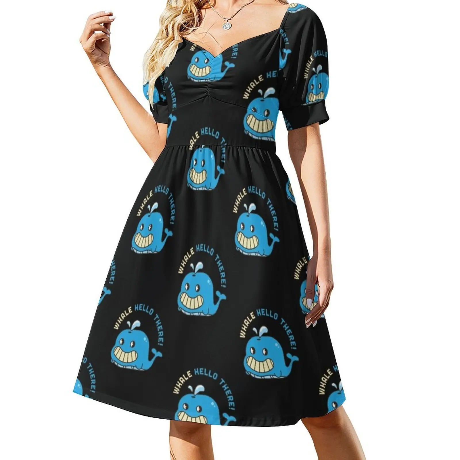 الحوت مرحبا هناك! فستان نسائي أنيق للحفلات على شكل حرف A مع خيارات قصيرة/طويلة/بدون أكمام، حوت الحوت Hello There Pun #2